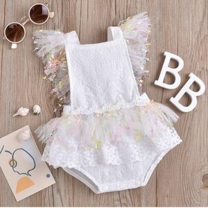 White Lace Baby Romper with Floral Tulle